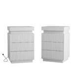 (Set of 2) White Nightstand Set of 2 with Charging Station & LED Lights, Fluted Wave Panel Bedside Table with Sliding Top Hidden Storage, Night Stand for Bedroom Living Room