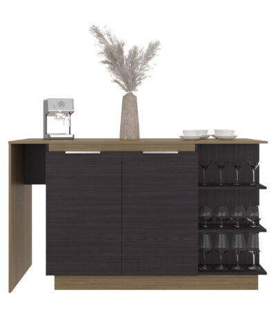 Dwight Kitchen Bar Counter with Shelves and Cabinets, Black Wengue and Natural Oak for OEM cabinet manufacturing by VF Living