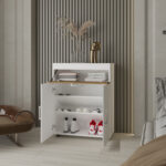 North Fork Shoe Rack Cabinet with Lift-Up Compartment, White and Natural Oak - 图片 2