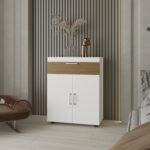 North Fork Shoe Rack Cabinet with Lift-Up Compartment, White and Natural Oak - 图片 5
