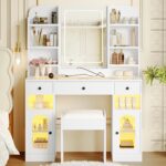 43.2" Vanity Desk with LED Mirror and RGB Glass Cabinets - 图片 6