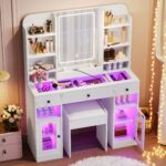 43.2" Vanity Desk with LED Mirror and RGB Glass Cabinets - 图片 7