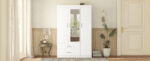 3-Door Mirror Wardrobe with Shelves, White - 图片 2