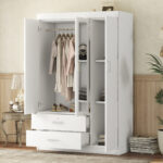 3-Door Mirror Wardrobe with Shelves, White - 图片 4