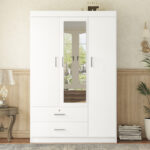 3-Door Mirror Wardrobe with Shelves, White - 图片 5