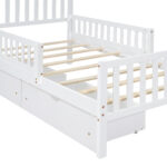 Twin Size Wood Platform Bed with Guardrails and Storage Drawers, White - 图片 8