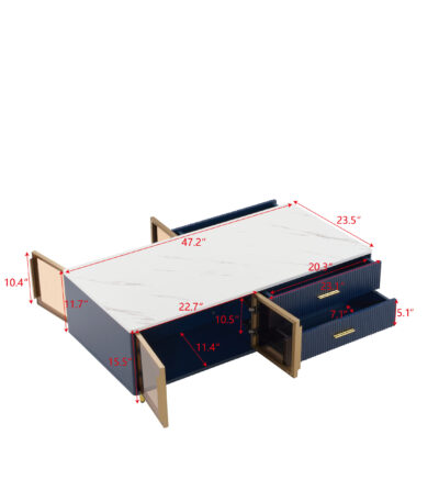 Modern Navy Blue Coffee Table with Glass Doors, 4 Drawers, Gold Legs for OEM coffee table manufacturing by VF Living