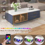 Modern Navy Blue Coffee Table with Glass Doors, 4 Drawers, Gold Legs - 图片 3