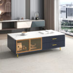 Modern Navy Blue Coffee Table with Glass Doors, 4 Drawers, Gold Legs - 图片 4