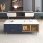 Modern Navy Blue Coffee Table with Glass Doors, 4 Drawers, Gold Legs - 图片 6