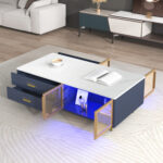 Modern Navy Blue Coffee Table with Glass Doors, 4 Drawers, Gold Legs - 图片 7