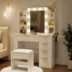 Vanity Table Set with LED Mirror, Lights and Stool, White - 图片 3