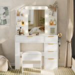 Vanity Table Set with LED Mirror, Lights and Stool, White