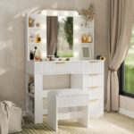 Vanity Table Set with LED Mirror, Lights and Stool, White - 图片 4