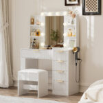 Vanity Table Set with LED Mirror, Lights and Stool, White - 图片 6