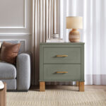 2 Drawer Nightstand, Premium Wood Storage with Elegant Fluted Design, Solid Wood Legs Nightstand with Metal Handle, Tall Bedside Table for Bedroom Living Room,Olive - 图片 2