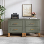 2 Drawer Nightstand, Premium Wood Storage with Elegant Fluted Design, Solid Wood Legs Nightstand with Metal Handle, Tall Bedside Table for Bedroom Living Room,Olive - 图片 3