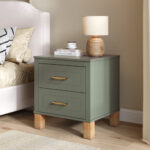 2 Drawer Nightstand, Premium Wood Storage with Elegant Fluted Design, Solid Wood Legs Nightstand with Metal Handle, Tall Bedside Table for Bedroom Living Room,Olive - 图片 4