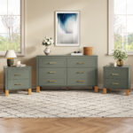 2 Drawer Nightstand, Premium Wood Storage with Elegant Fluted Design, Solid Wood Legs Nightstand with Metal Handle, Tall Bedside Table for Bedroom Living Room,Olive - 图片 5