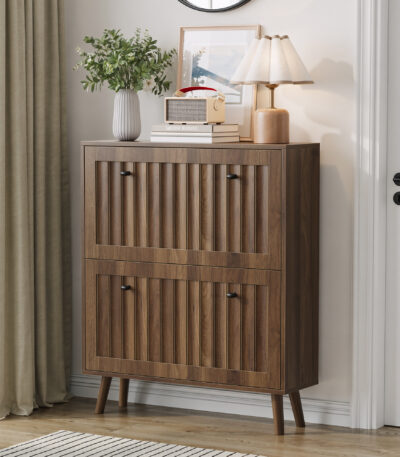 Medieval Modern Shoe Cabinet with Grooved Finish, Walnut for OEM shoe cabinet manufacturing by VF Living