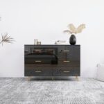 High Glossy Surface 6 Drawers Chest of Drawer with Golden Handle and Golden Steel Legs Black Color Vanity - 图片 7
