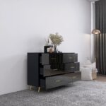 High Glossy Surface 6 Drawers Chest of Drawer with Golden Handle and Golden Steel Legs Black Color Vanity - 图片 10