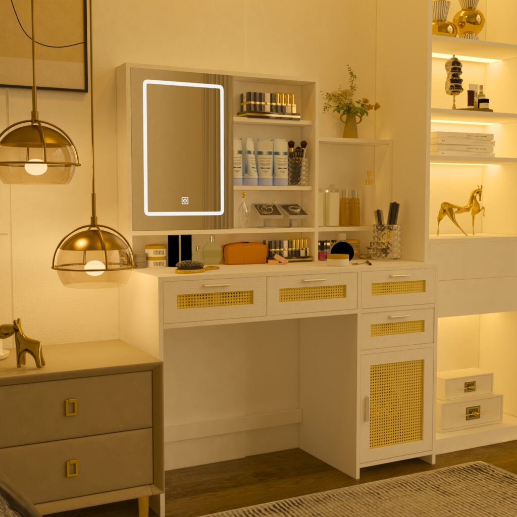 Makeup Vanity Desk with 3-Color LED Lights and Mirror, White for OEM furniture product manufacturing by VF Living