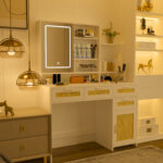 Makeup Vanity Desk with 3-Color LED Lights and Mirror, White - 图片 2