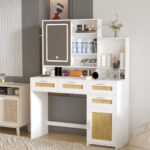 Makeup Vanity Desk with 3-Color LED Lights and Mirror, White - 图片 4
