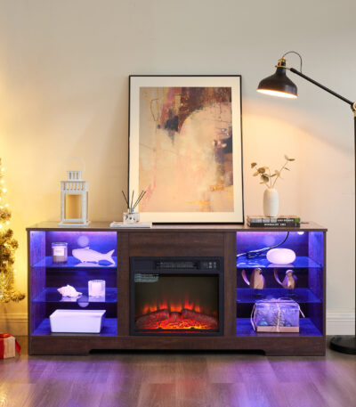 TV Stand with Electric Fireplace, LED Lights, Espresso for OEM TV stand manufacturing by VF Living