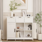 Wooden Floor Storage Cabinet with Drawers and Shelves, White - 图片 5