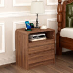 25" Tall Modern Nightstand with Charging Station, 23.6'' Wide Wood Bedside Table w/2 Storage Drawers, Large Mid Century End Table for Bedroom, Living Room, Curved Profile Design ( WALNUT )