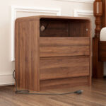 25" Tall Modern Nightstand with Charging Station, 23.6'' Wide Wood Bedside Table w/2 Storage Drawers, Large Mid Century End Table for Bedroom, Living Room, Curved Profile Design ( WALNUT ) - 图片 5