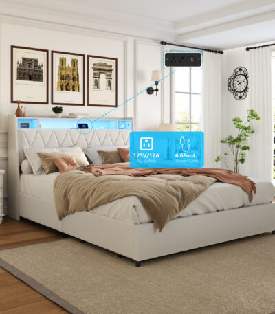 Queen Bed Frame with LED Headboard, Outlets and Charger, White for OEM bed frame manufacturing by VF Living