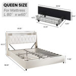 Queen Bed Frame with LED Headboard, Outlets and Charger, White - 图片 2