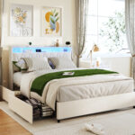 Queen Bed Frame with LED Headboard, Outlets and Charger, White - 图片 7