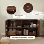 4-Door Accent Cabinet with Carved Solid Wood Doors, Natural Walnut