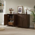 4-Door Accent Cabinet with Carved Solid Wood Doors, Natural Walnut - 图片 2