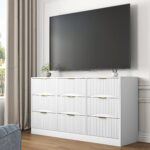 White 9 Drawer Dresser, 63" Large Deep Chest of Drawers, Wooden Dresser Storage Cabinet with 9 Drawers for Bedroom, Long Dressers for Living Room, Hallway, Drawer panel with wavy patterns - 图片 2