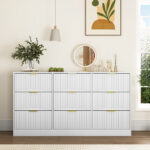 White 9 Drawer Dresser, 63" Large Deep Chest of Drawers, Wooden Dresser Storage Cabinet with 9 Drawers for Bedroom, Long Dressers for Living Room, Hallway, Drawer panel with wavy patterns - 图片 5