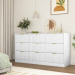White 9 Drawer Dresser, 63" Large Deep Chest of Drawers, Wooden Dresser Storage Cabinet with 9 Drawers for Bedroom, Long Dressers for Living Room, Hallway, Drawer panel with wavy patterns - 图片 6