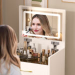 3-in-1 Compact Vanity Desk with Glass Top and Stool, White - 图片 8