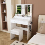 Large Mirror Vanity Desk with Power Outlet, 5 Drawers, White