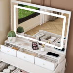 Large Mirror Vanity Desk with Power Outlet, 5 Drawers, White - 图片 2