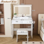 Large Mirror Vanity Desk with Power Outlet, 5 Drawers, White - 图片 3