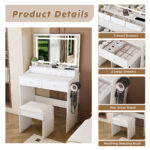 Large Mirror Vanity Desk with Power Outlet, 5 Drawers, White - 图片 4