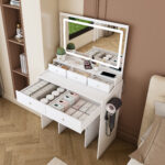 Large Mirror Vanity Desk with Power Outlet, 5 Drawers, White - 图片 7