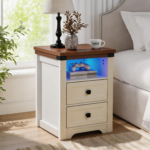 Farmhouse Side Table with Charging Station, Antique Nightstands with Drawers, Bedside Table with Open Shelf for Bedroom, White - 图片 4