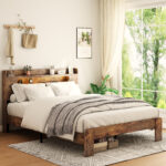 Full Size Wood Platform Bed Frame with LED Headboard and USB, Dark Brown - 图片 2