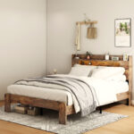Full Size Wood Platform Bed Frame with LED Headboard and USB, Dark Brown - 图片 6
